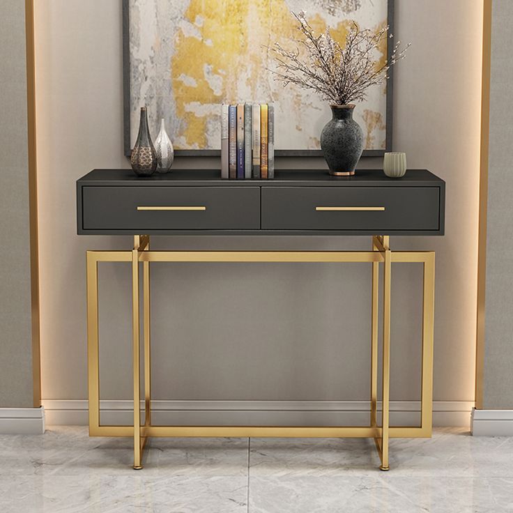 1000Mm Modern Narrow Black Console Table With Storage Drawers And Metal ... in Black Console Table With Minimalist Gold Base And Ring Pull Drawers