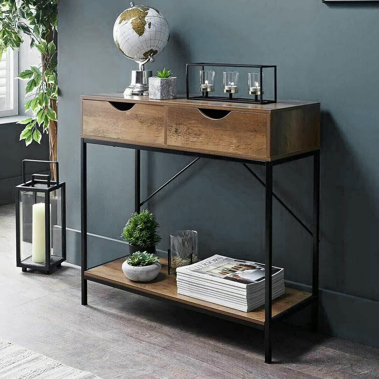 2 Drawer Console Table Black Metal Frame & Wooden Drawers And Shelf ... inside Ellis 2 Drawer Console Table Black