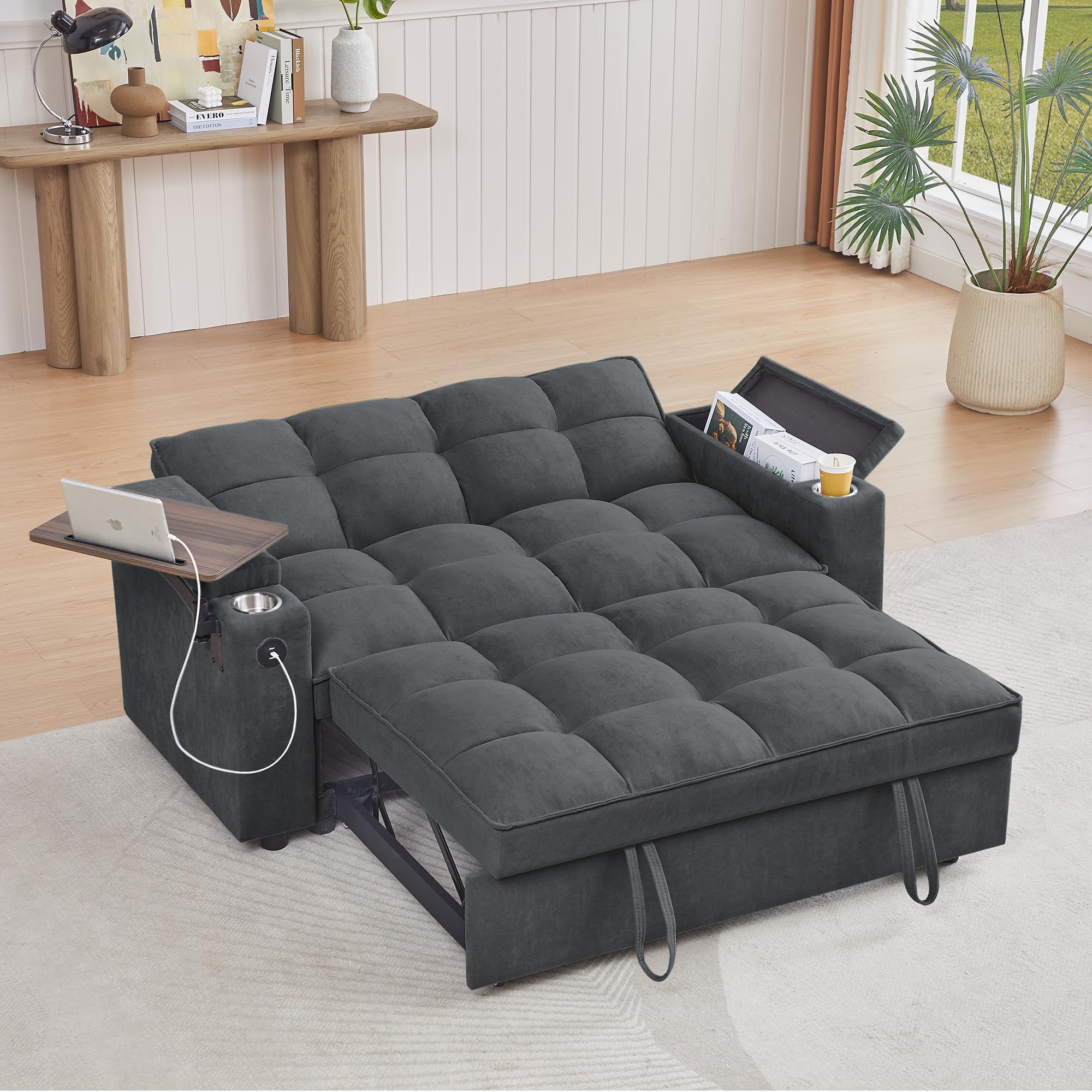 3 In 1 Queen Pull Out Sleeper Sofa Couch Bed ,Oversized Convertible ... inside Convertible Chenille Loveseat With Firm Cushions, Storage And Pillow Set, Gray