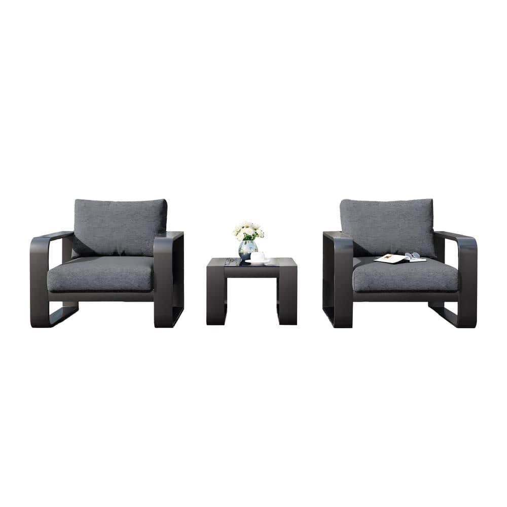 3-Piece Black Aluminum Outdoor Patio Conversation Set Sectional Set ... pertaining to Table Set 3-Piece Set, Black, Gray Top