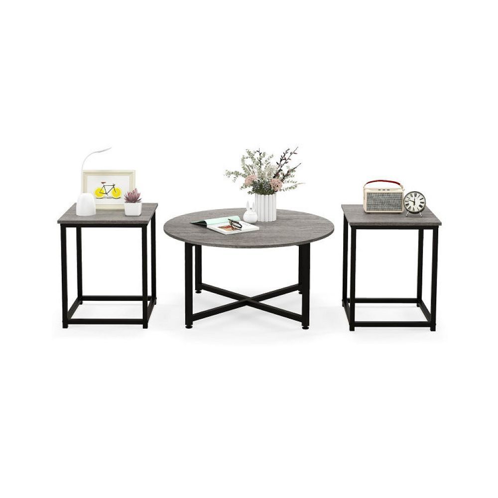 3-Piece Coffee Table Set Round Coffee Table And 2Pcs Square End Tables-Gray for Contemporary 3-Piece Coffee Table Set With Angled Legs And Extra Storage Shelf, Charcoal/Gray