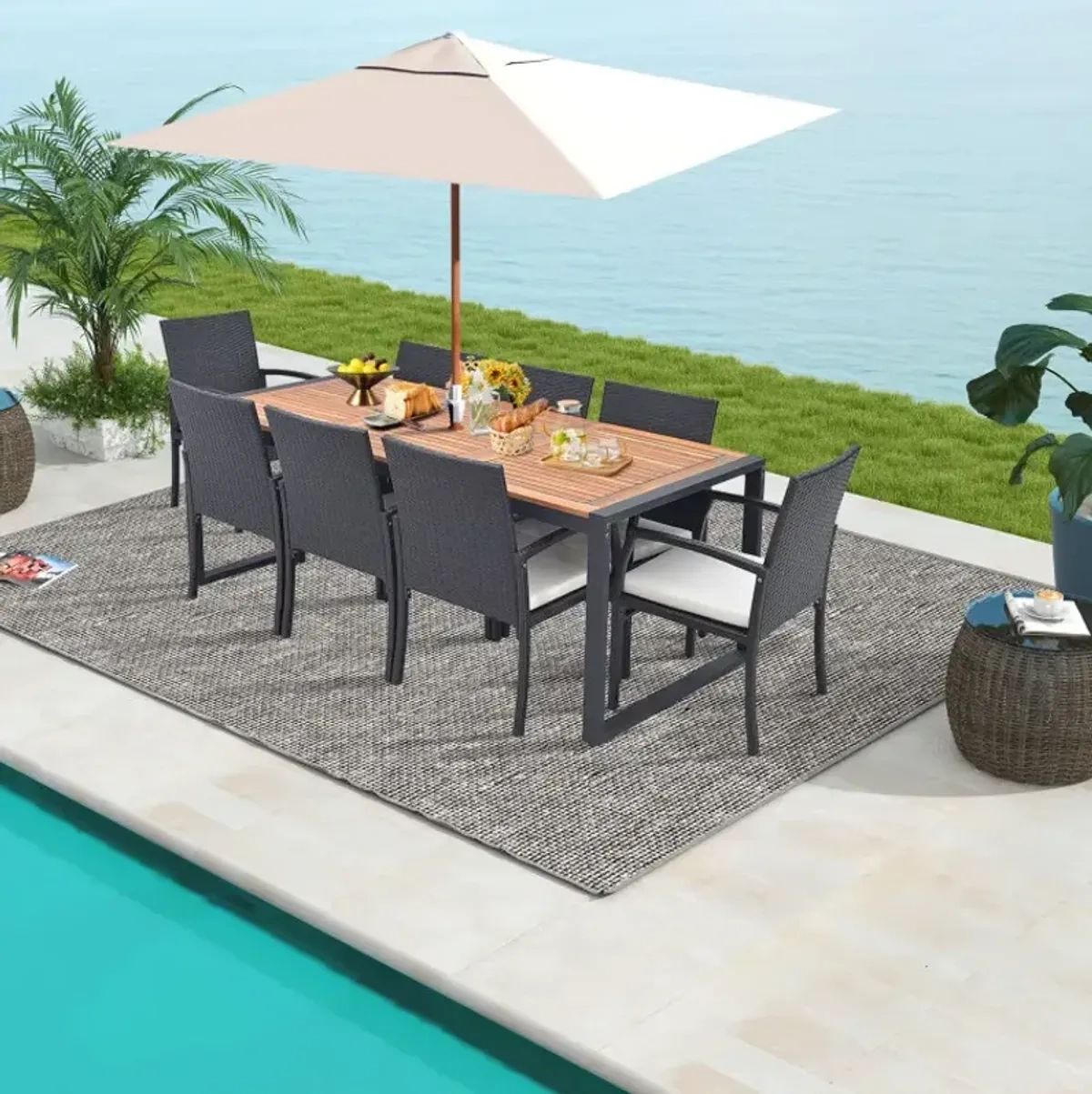 3 Pieces Acacia Wood Patio Bistro Set With Cushions By Costway ... with Amazonia Bahamas 9-Piece Square Patio Dining Set