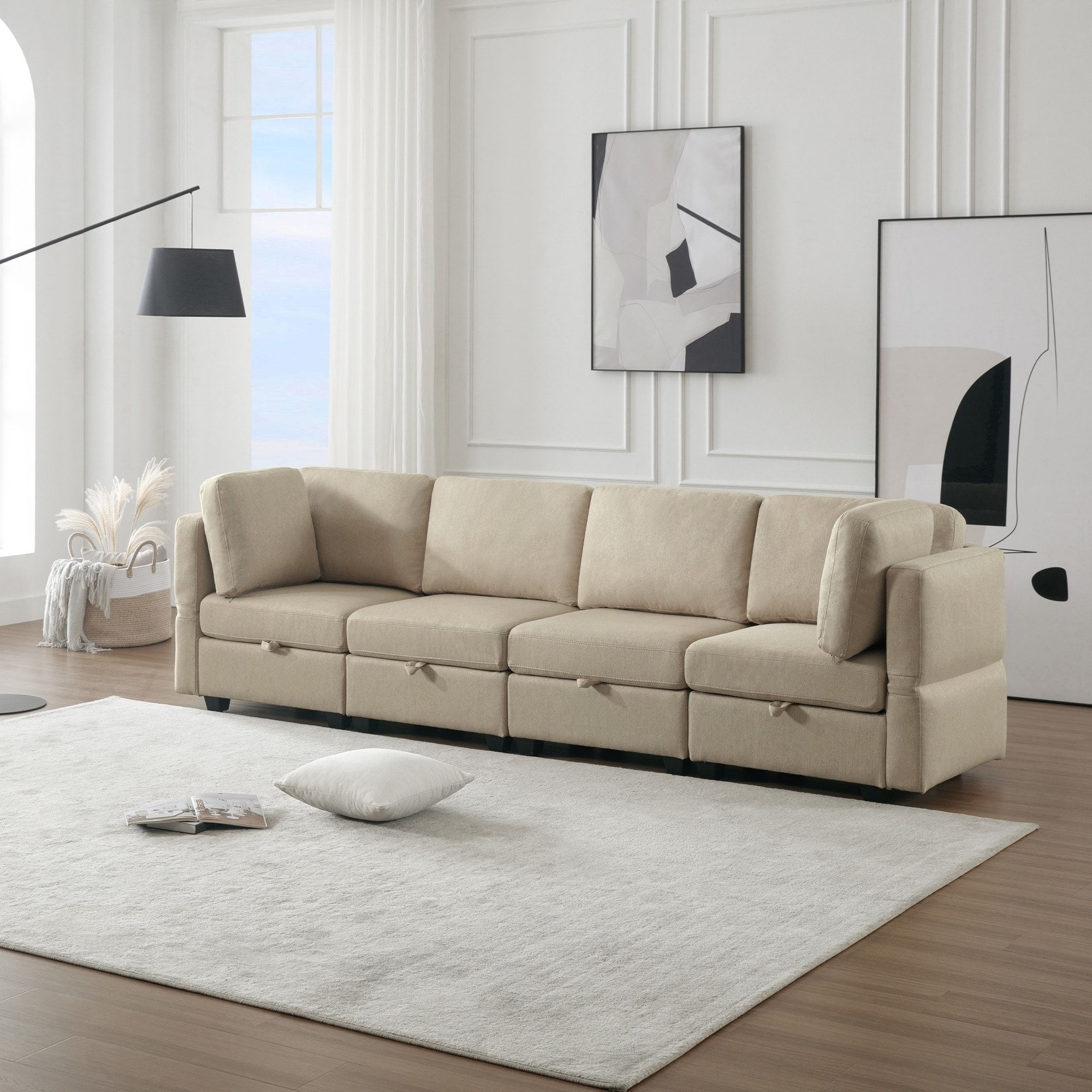 4 Seater Upholstered Modular Sofa, Sectional Sofa For Living Room ... intended for Upholstered Sleeper Sectional Sofa With 4 Pillows, Camel