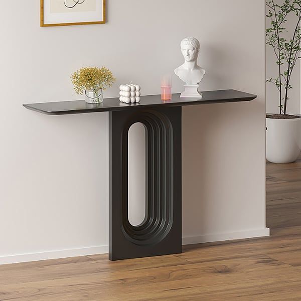47&amp;quot; Japandi Narrow Wood Black Console Table With Geometric Pedestal ... in A Closer Look at the Reese Geometric Console Table in Sleek Black
