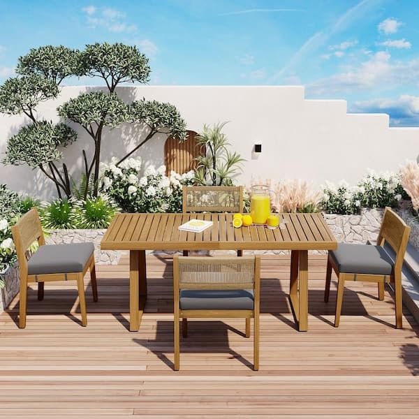 5-Piece Acacia Wood Outdoor Dining Set With Gray Cushions, Multi-Person ... within Grace Nick Outdoor 5 Piece Acacia Wood Dining Set With X Base