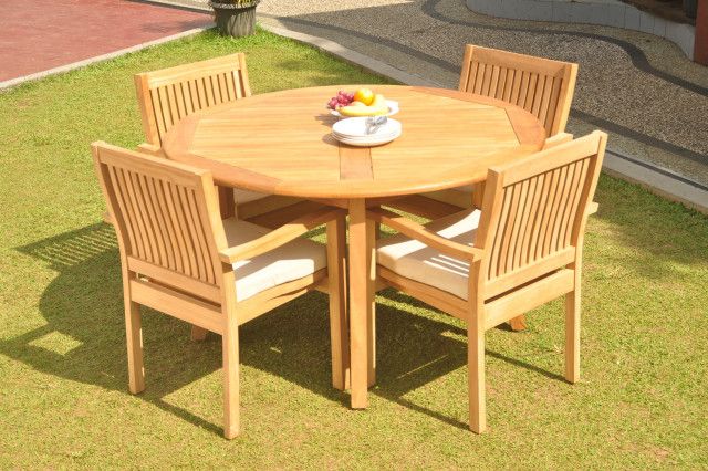 5-Piece Outdoor Teak Dining Set: 52" Round Table, 4 Leveb Stacking Arm ... inside 5-Piece Outdoor Teak Dining Set: 52" Round Table, 4 Hari Stacking Arm Chairs