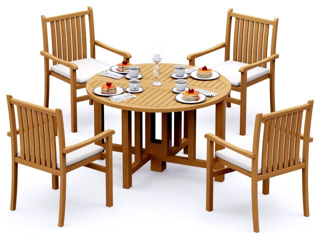 5-Piece Teak Dining Set, 48" Round Butterfly Table, 4 Cahyo Stacking ... in 5-Piece Dining Set, 48" Round Butterfly Table, 4 Travota Stacking Arm Chairs