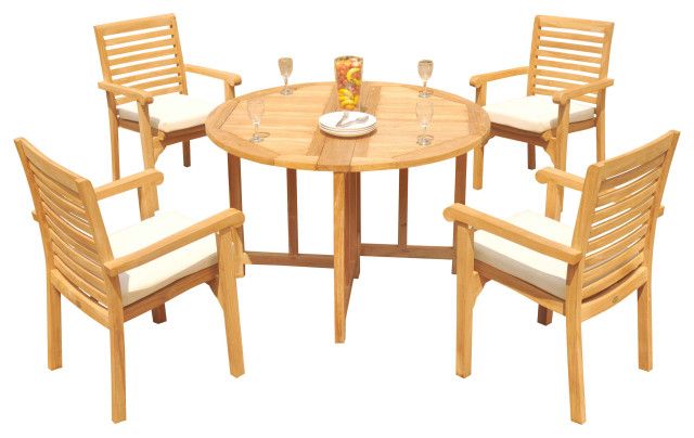 5-Piece Teak Dining Set, 48" Round Butterfly Table, 4 Hari Stacking Arm ... within 5-Piece Dining Set, 48" Round Butterfly Table, 4 Travota Stacking Arm Chairs