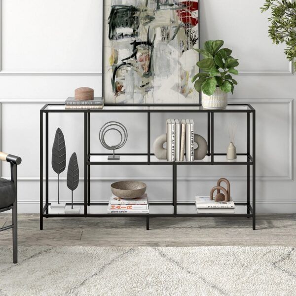 51 Black Console Tables To Style Any Space intended for Display Console Table, Black Steel, Walnut Wood, Clear Glass