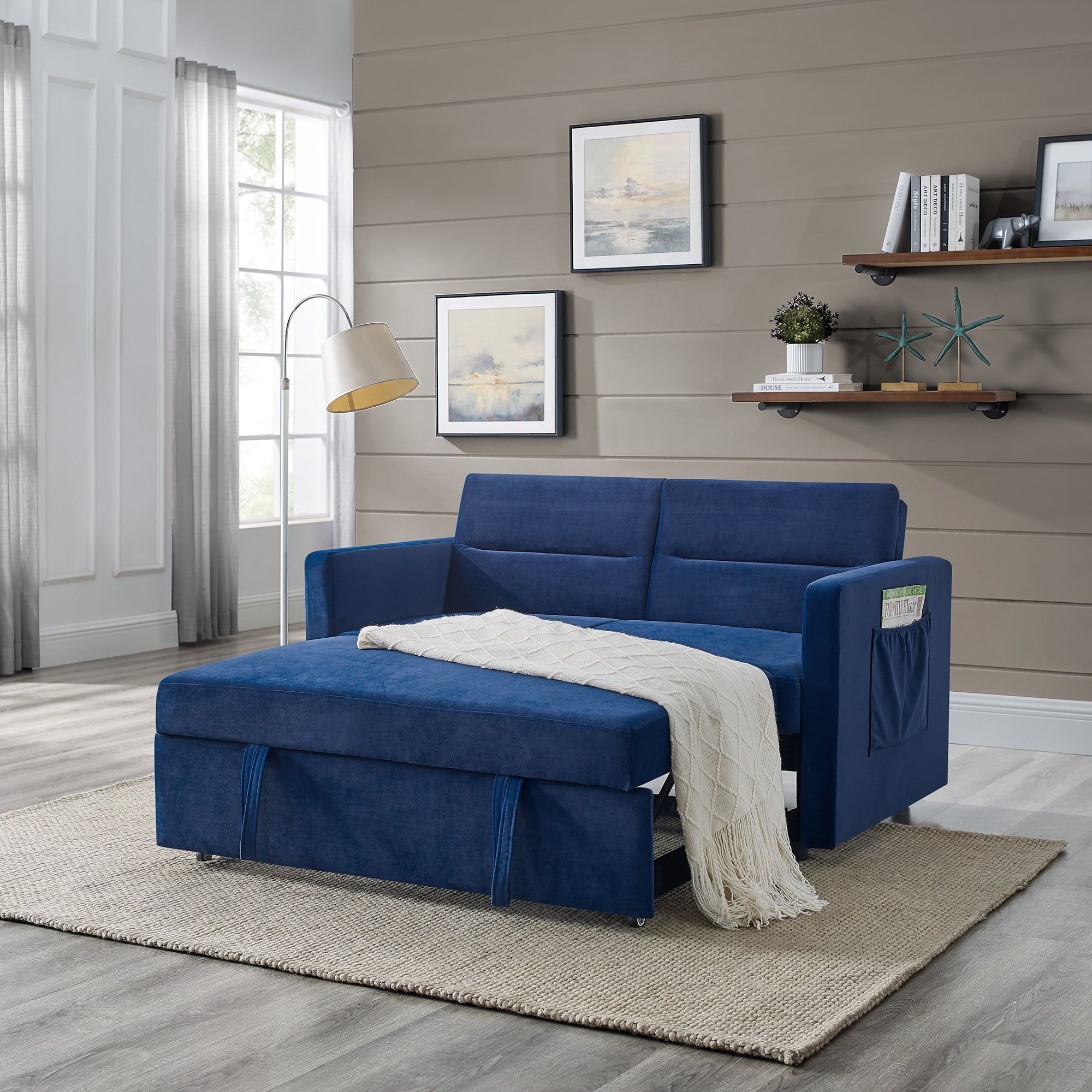 55" Convertible Sleeper Sofa Bed With Pull-Out Bed,Modern Velvet ... in Percy 55.5"W Navy Teddy Velvet Sleeper Loveseat With Dual-Pull Sleeper Design
