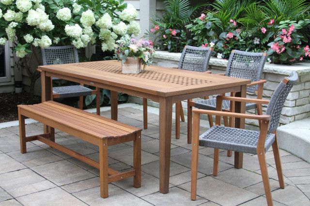 6-Piece Eucalyptus Checkerboard Dining Set With Rope Chairs - Beach ... pertaining to Exploring sustainable dining solutions with Caligari's eucalyptus sets
