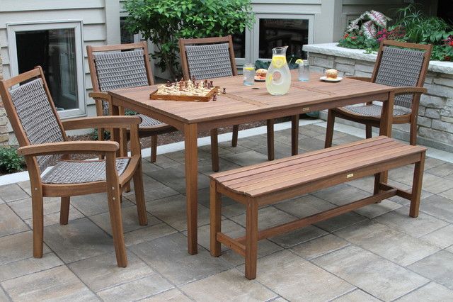6-Piece Eucalyptus Dining Set With Grey Wicker Stacking Armchairs ... pertaining to Caligari 6-Piece Eucalyptus Dining Set