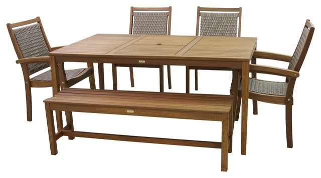6-Piece Eucalyptus Dining Set With Grey Wicker Stacking Armchairs ... within Exploring sustainable dining solutions with Caligari's eucalyptus sets