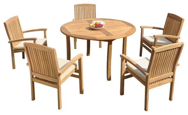 6-Piece Outdoor Teak Dining Set: 52" Round Table, 5 Wave Stacking Arm ... inside Exploring the timeless appeal of round teak dining tables