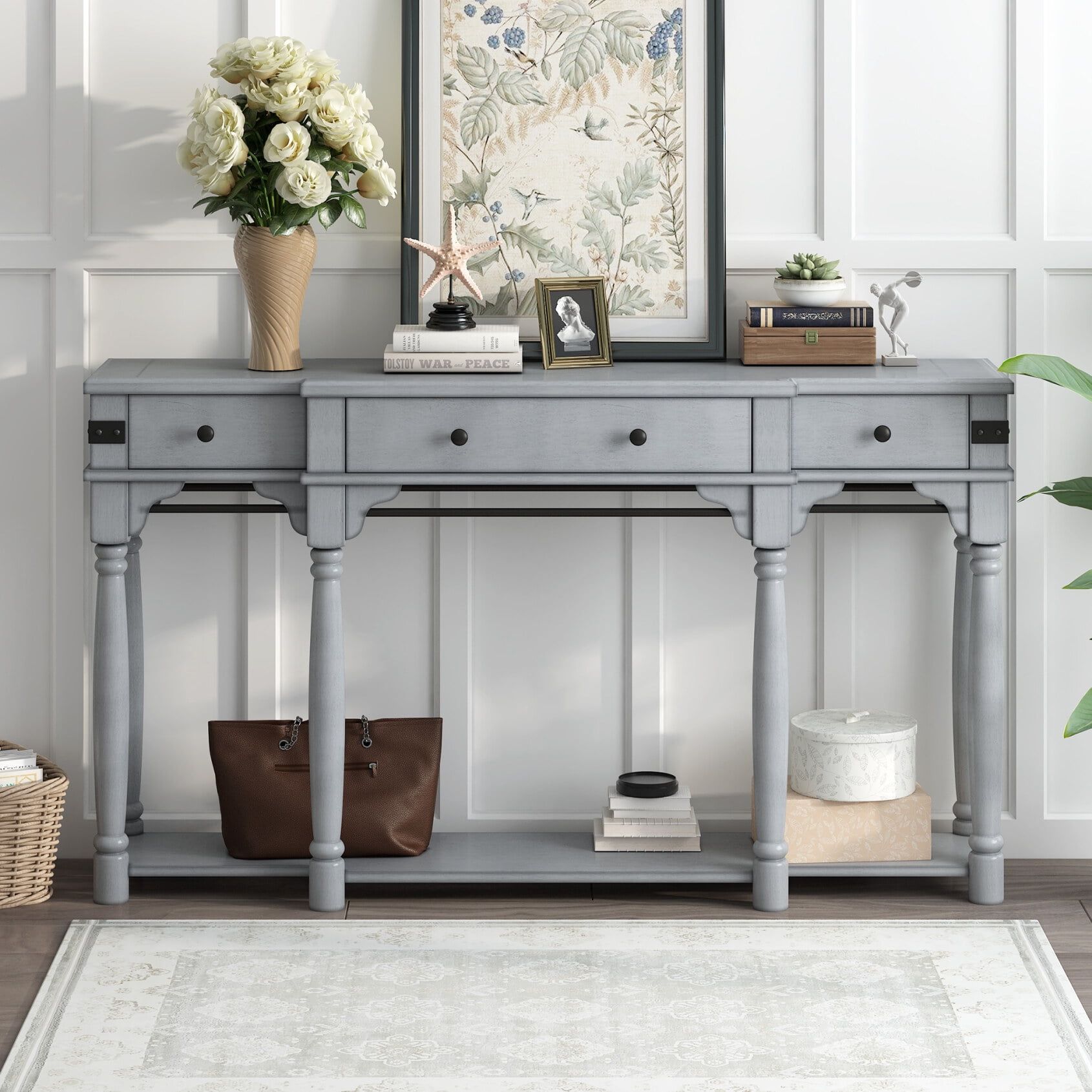 60"W Wood Console Table With Storage Drawers And Bottom Shelf, Narrow ... regarding Creating a Functional and Elegant Foyer with Storage Console Tables