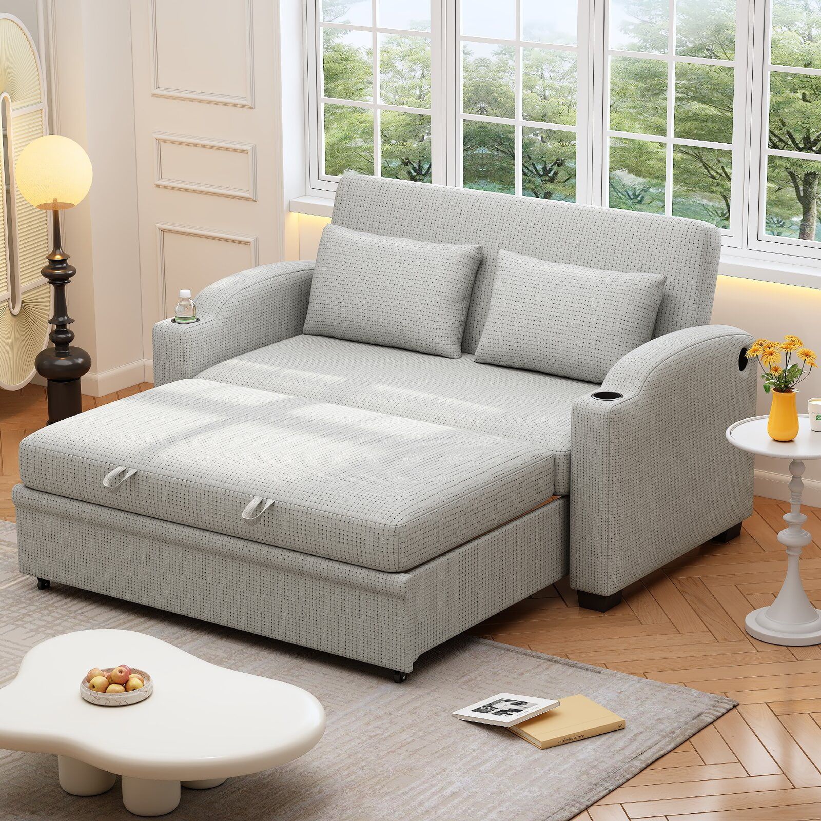 61.6" Pull Out Sofa Bed With Usb Charging Ports And Cup Holders, Modern Chenille Convertible ... inside Convertible Sofa Bed With Padded Upholstery, Pillows & Charging Ports, Gray