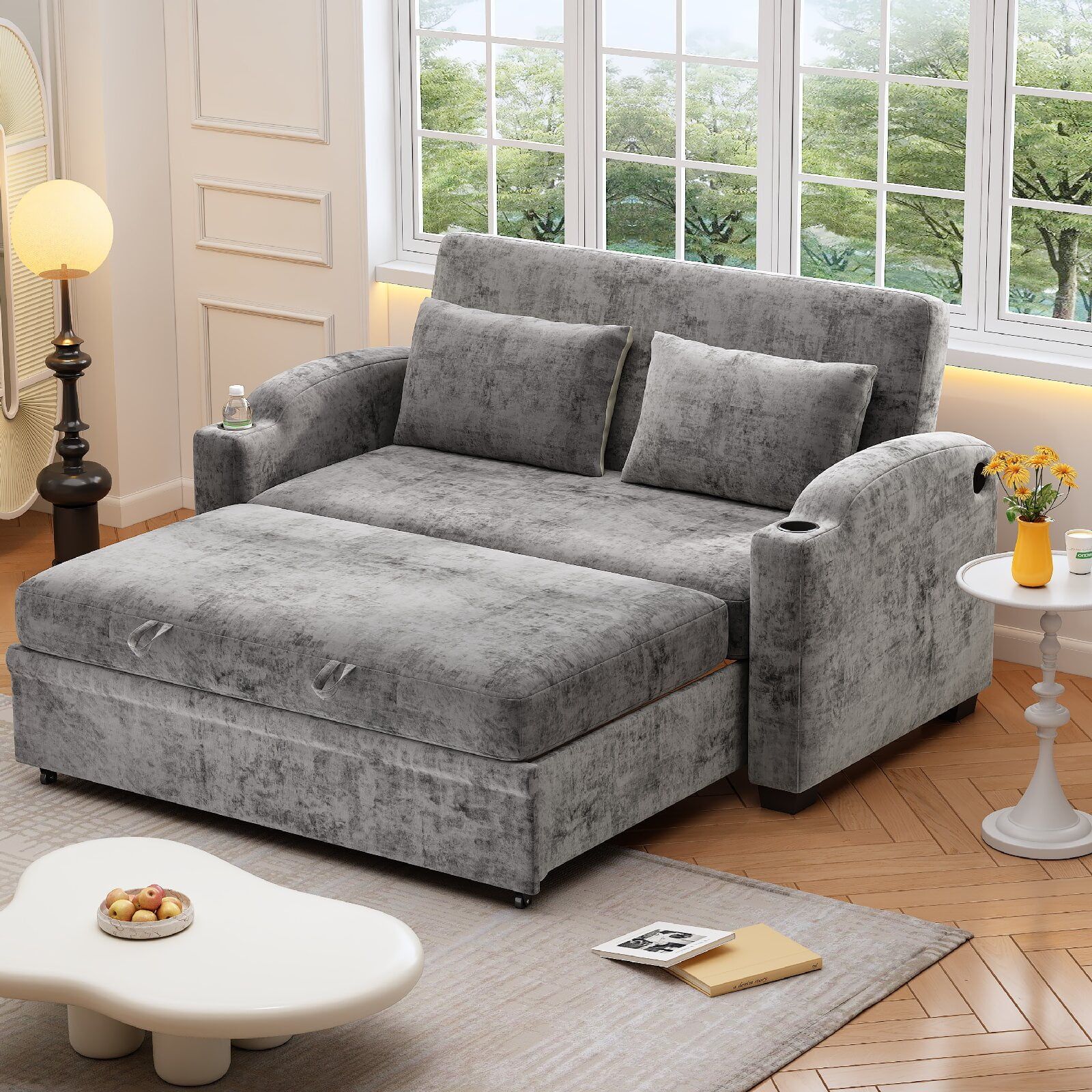 61.6" Pull Out Sofa Bed With Usb Charging Ports And Cup Holders, Modern Chenille Convertible ... within Beyond the Couch Exploring the Comfort and Convenience of Padded Gray Sofa Beds