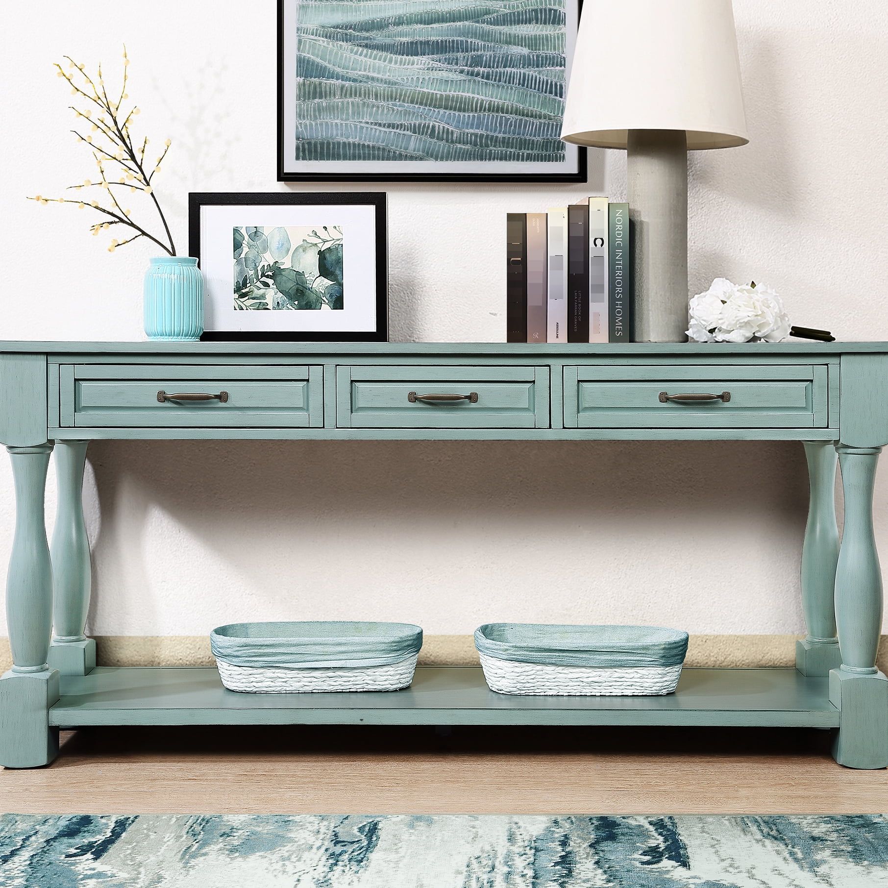 63'' Console Table With Solid Wood Legs, 3 Drawers & 1 Shelf, Retro ... intended for Gewnee 63" Console Table With 3 Drawers And Bottom Shelf, Navy
