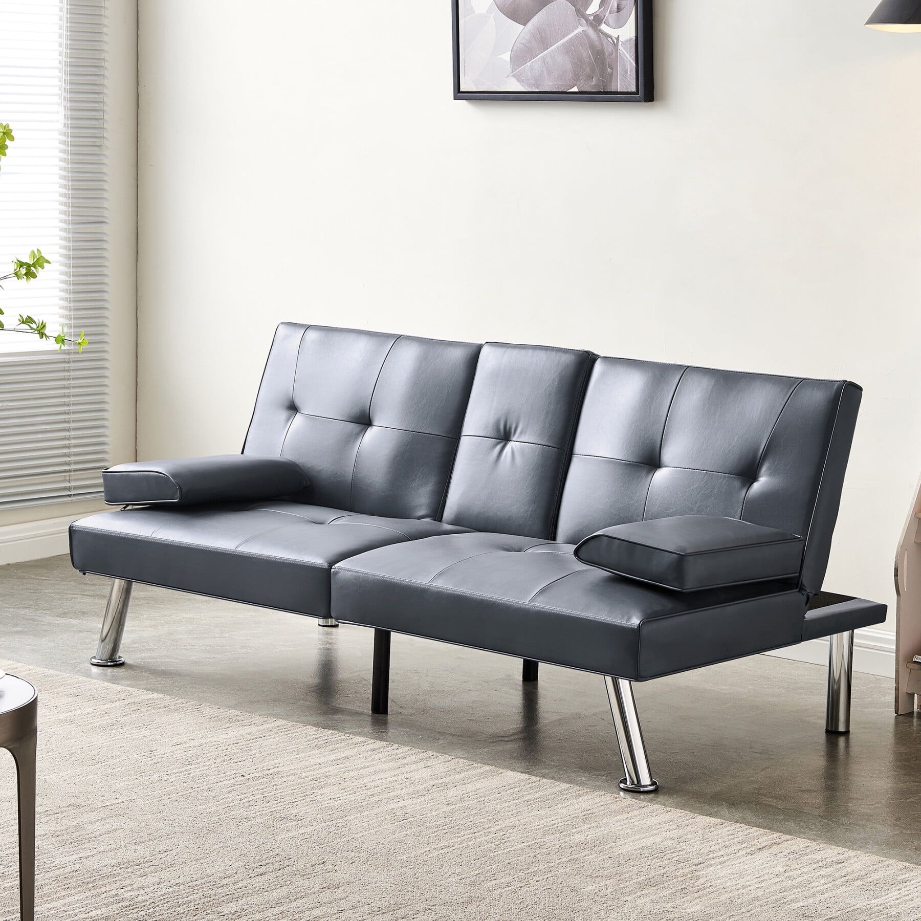 66" Convertible Sofa Bed, Modern Adjustable Faux Leather Upholstered ... regarding Upholstered Sofa Bed With Adjustable Armrests, Gray