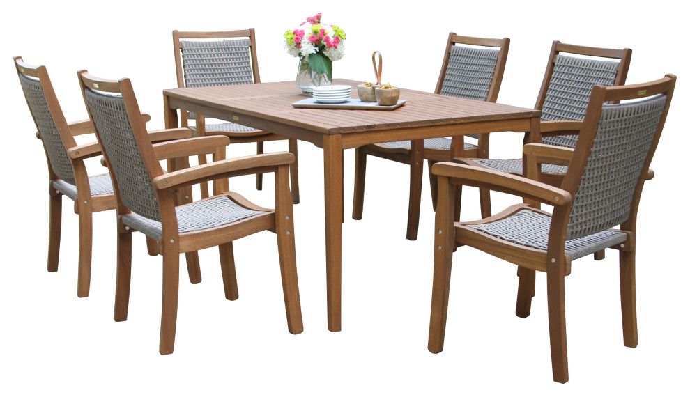 7-Piece Eucalyptus And Wicker Stacking Armchair Rectangle Dining Set ... intended for 7-Piece Eucalyptus And Sling Stacking Armchair Rectangle Dining Set