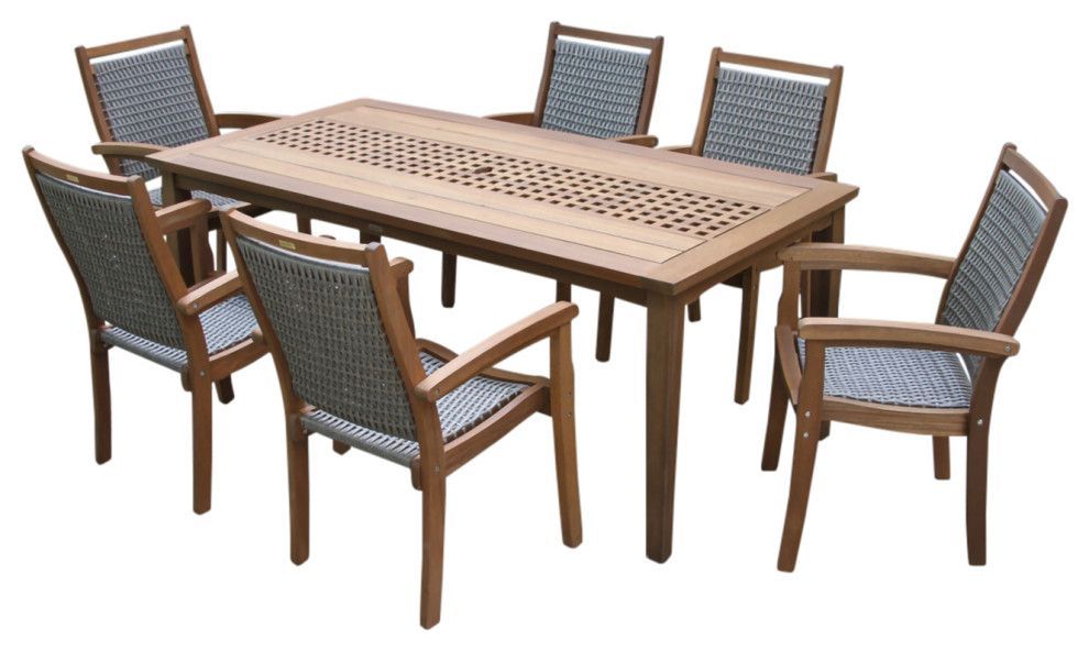7-Piece Eucalyptus Checkerboard Dining Set With Wicker Chairs ... with 7-Piece Eucalyptus And Wicker Stacking Armchair Rectangle Dining Set