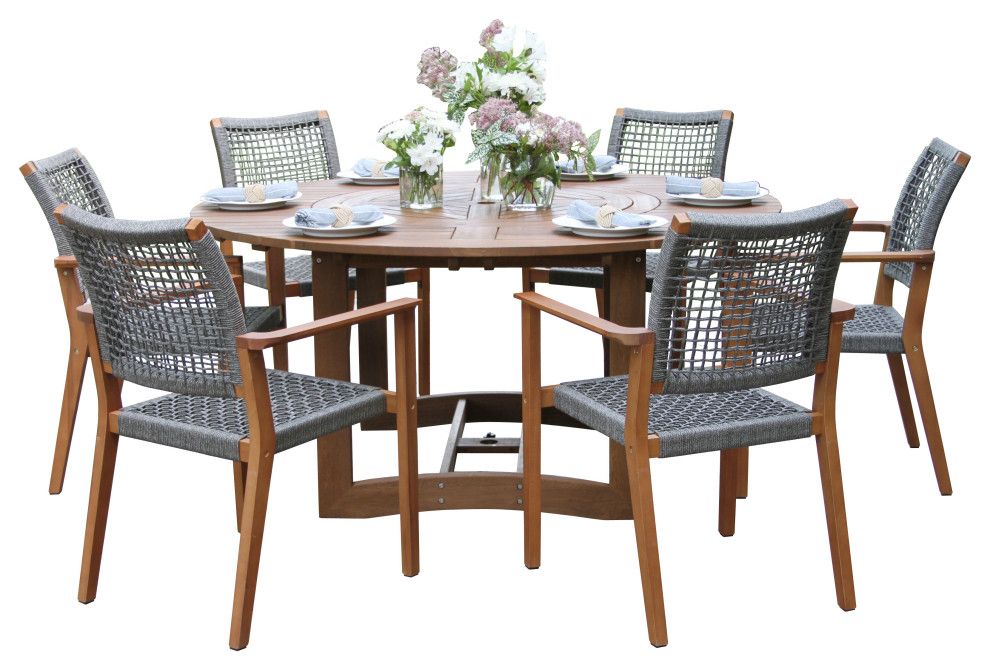7-Piece Eucalyptus Lazy Susan Dining Set With 6 Stacking Rope Armchairs ... inside Designing Comfortable Conversations with Stackable Wicker Armchairs