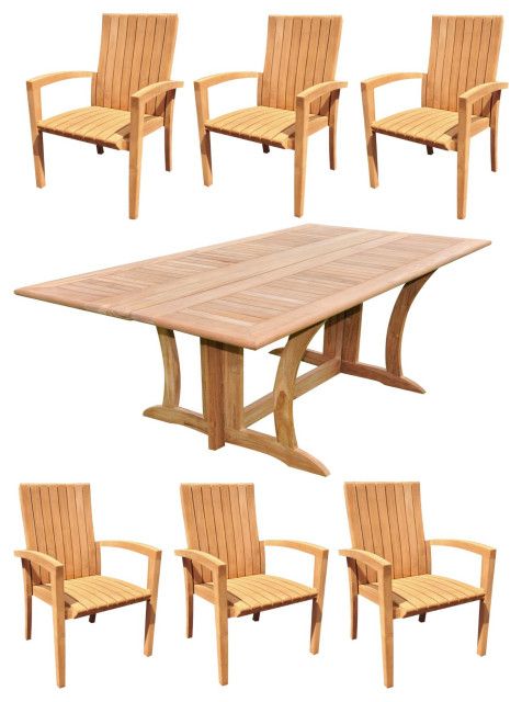 7-Piece Outdoor Teak Dining Set: 69" Folding Table, 6 Goa Stacking Arm ... in 7-Piece Outdoor Teak Dining Set, 69" Table, 6 Lua Stacking Arm Chairs
