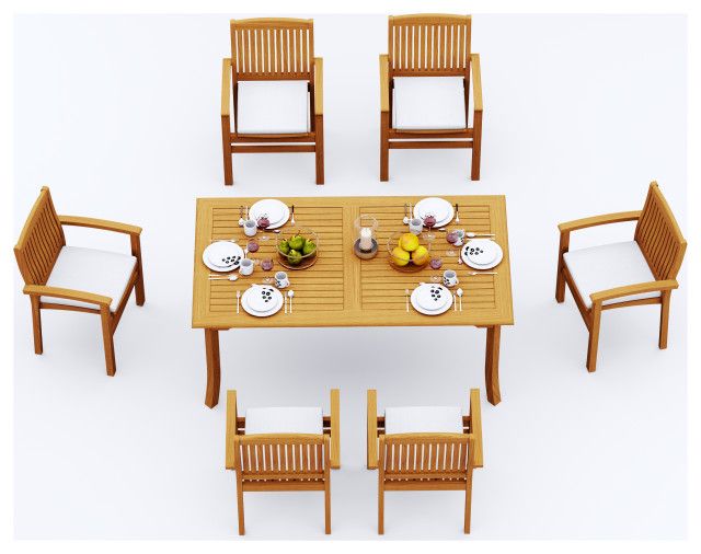 7-Piece Outdoor Teak Dining Set: 71&amp;quot; Rectangle Table, 6 Wave Stacking ... inside Maintaining teak furniture for decades of outdoor use
