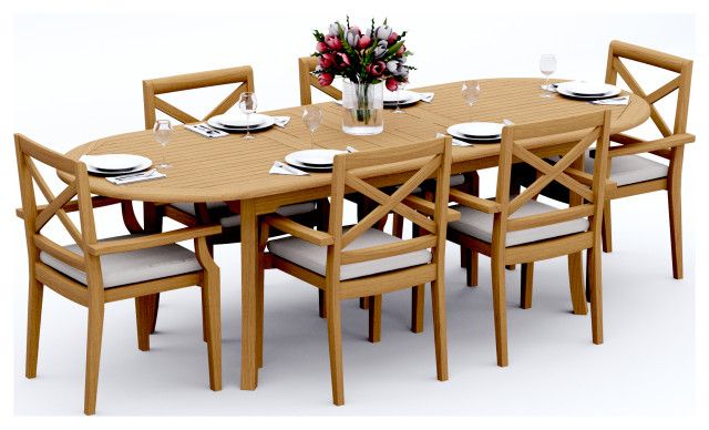 7-Piece Outdoor Teak Dining Set: 94" Oval Extn Table, 6 Grand Stacking ... with regard to 7-Piece Outdoor Teak Dining Set: 94" Oval Extn Table, 6 Wave Stacking Arm Chairs