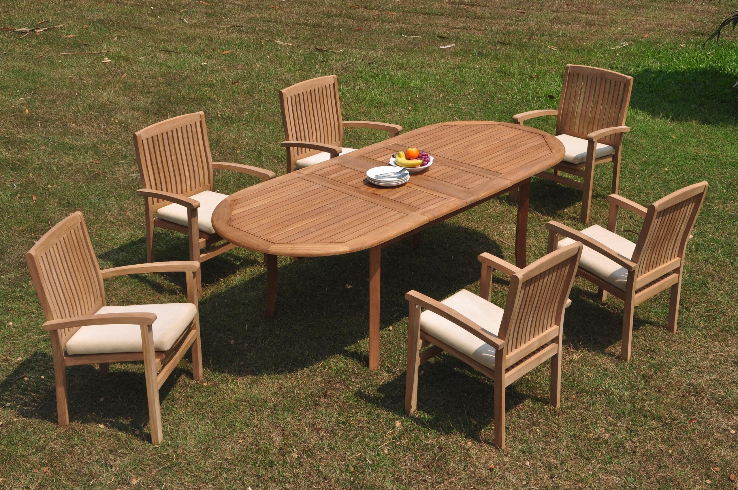 7-Piece Outdoor Teak Dining Set: 94" Oval Extn Table, 6 Wave Stacking ... throughout Beyond the Table Understanding the Versatility of Teak Dining Sets