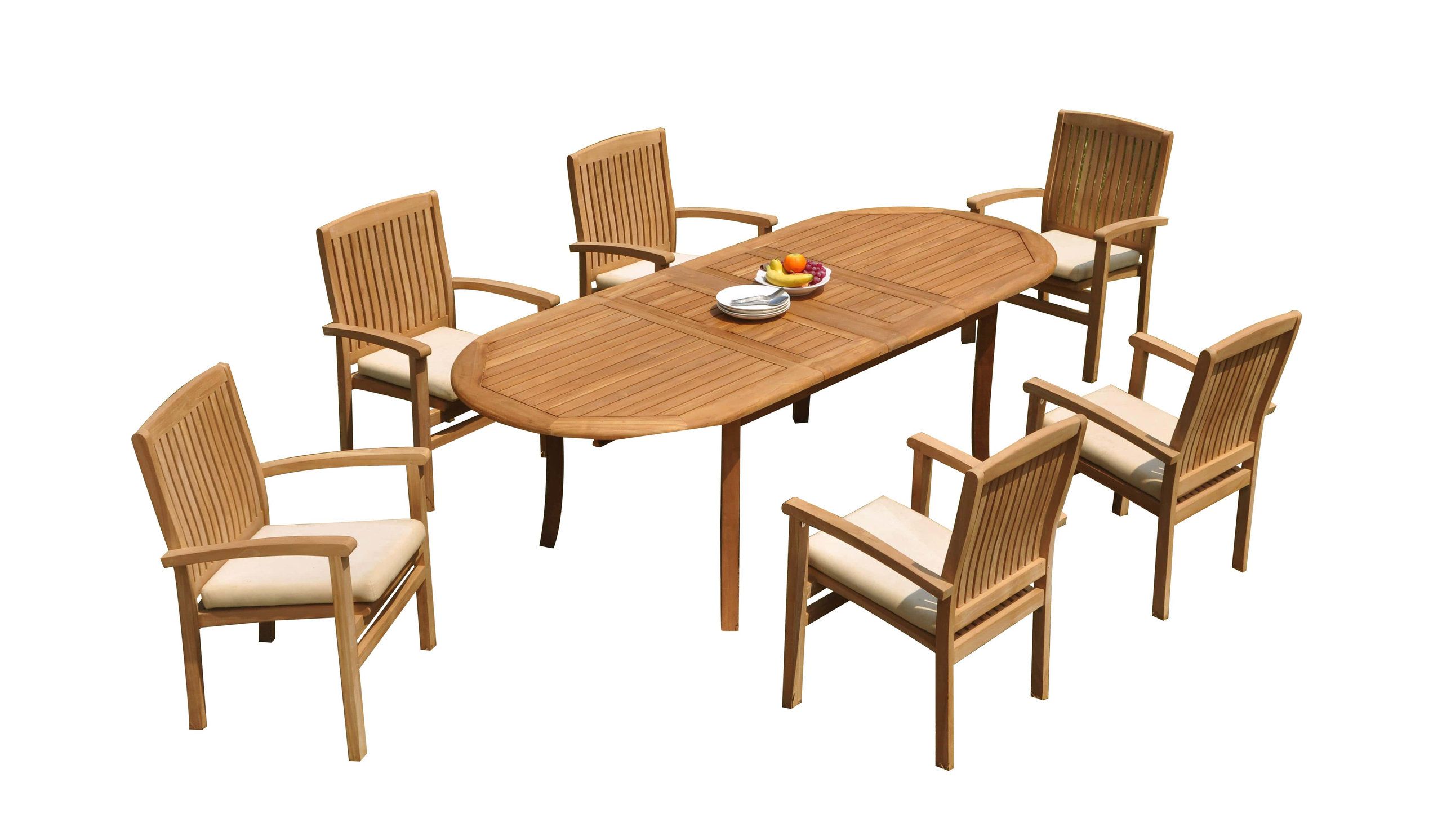 7-Piece Outdoor Teak Dining Set: 94" Oval Extn Table, 6 Wave Stacking ... with 7-Piece Outdoor Teak Dining Set: 94" Oval Extn Table, 6 Trav Stacking Arm Chairs