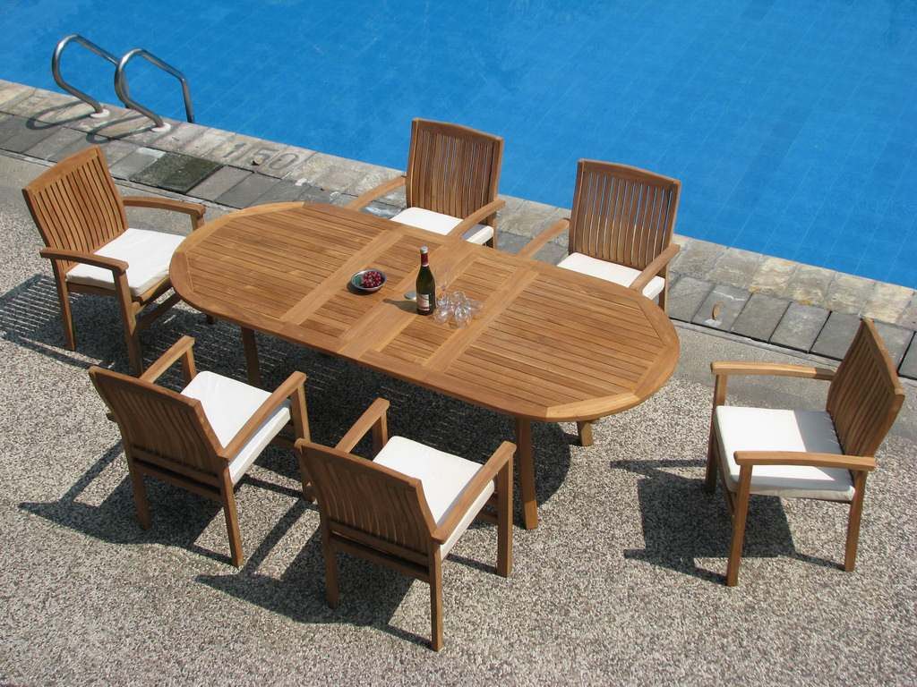 7-Piece Outdoor Teak Dining Set: 94" Oval Extn Table, 6 Wave Stacking ... with regard to Maximizing space efficiency with stackable outdoor seating solutions