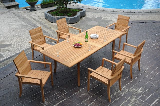 7-Piece Outdoor Teak Dining Set: 94" Rectangle Table, 6 Alps Stacking ... pertaining to Maximizing space efficiency with stacking chair solutions for patios