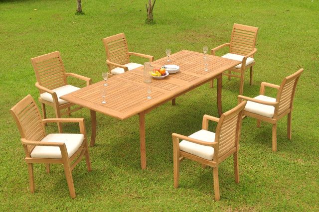 7-Piece Outdoor Teak Dining Set: 94&amp;quot; Rectangle Table, 6 Mas Stacking ... in Maintaining teak furniture for decades of outdoor use