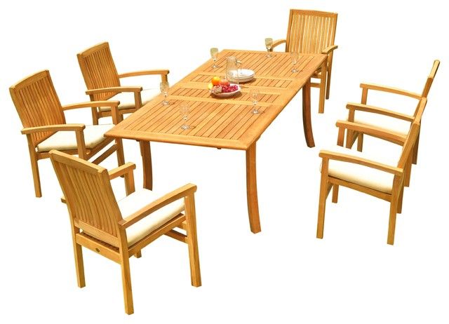 7-Piece Outdoor Teak Dining Set: 94" Rectangle Table, 6 Wave Stacking ... with Maximizing space efficiency with stacking chair solutions for patios