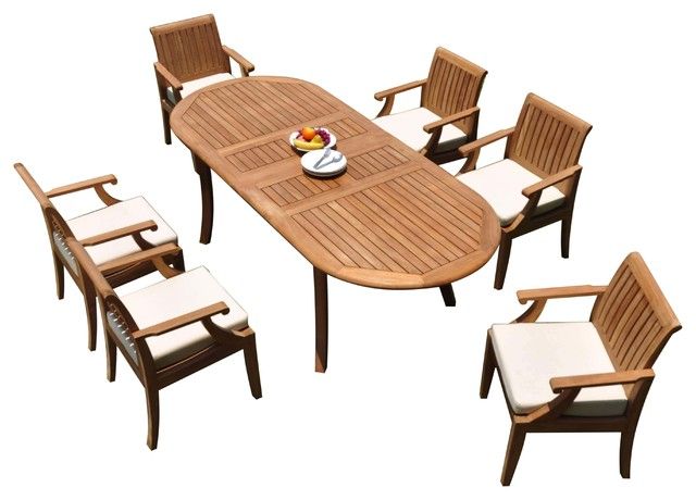 7-Piece Outdoor Teak Patio Dining Set: 94" Oval Extn Table, 6 Lagos Arm ... for 7-Piece Outdoor Teak Dining Set: 94" Oval Extn Table, 6 Trav Stacking Arm Chairs