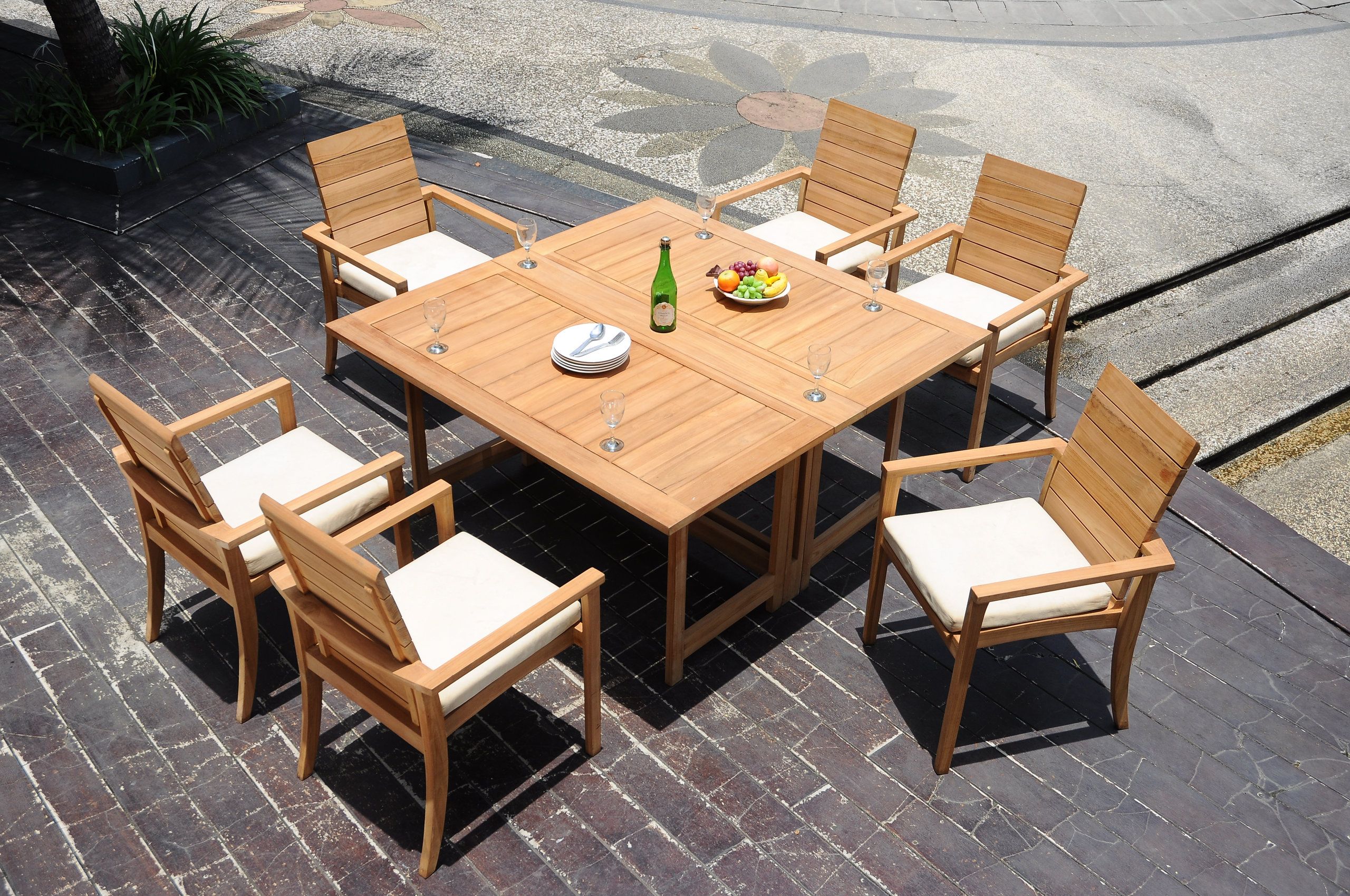 7-Piece Outdoor Teak Set: 60" Square Butterfly Table, 6 Alps Stacking ... pertaining to Creating comfortable seating arrangements for al fresco dining