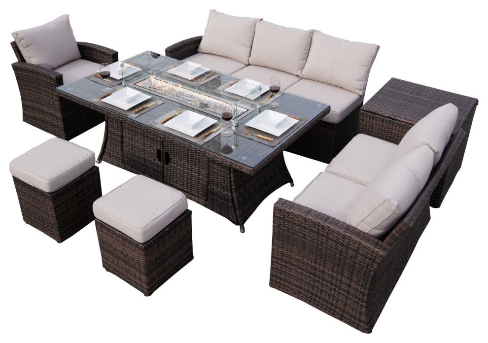 7-Piece Patio Wicker Dining Sofa Set With Rectangle Fire Pit Table ... regarding Designing Al Fresco Dining Experiences with the Gray White Wicker Set