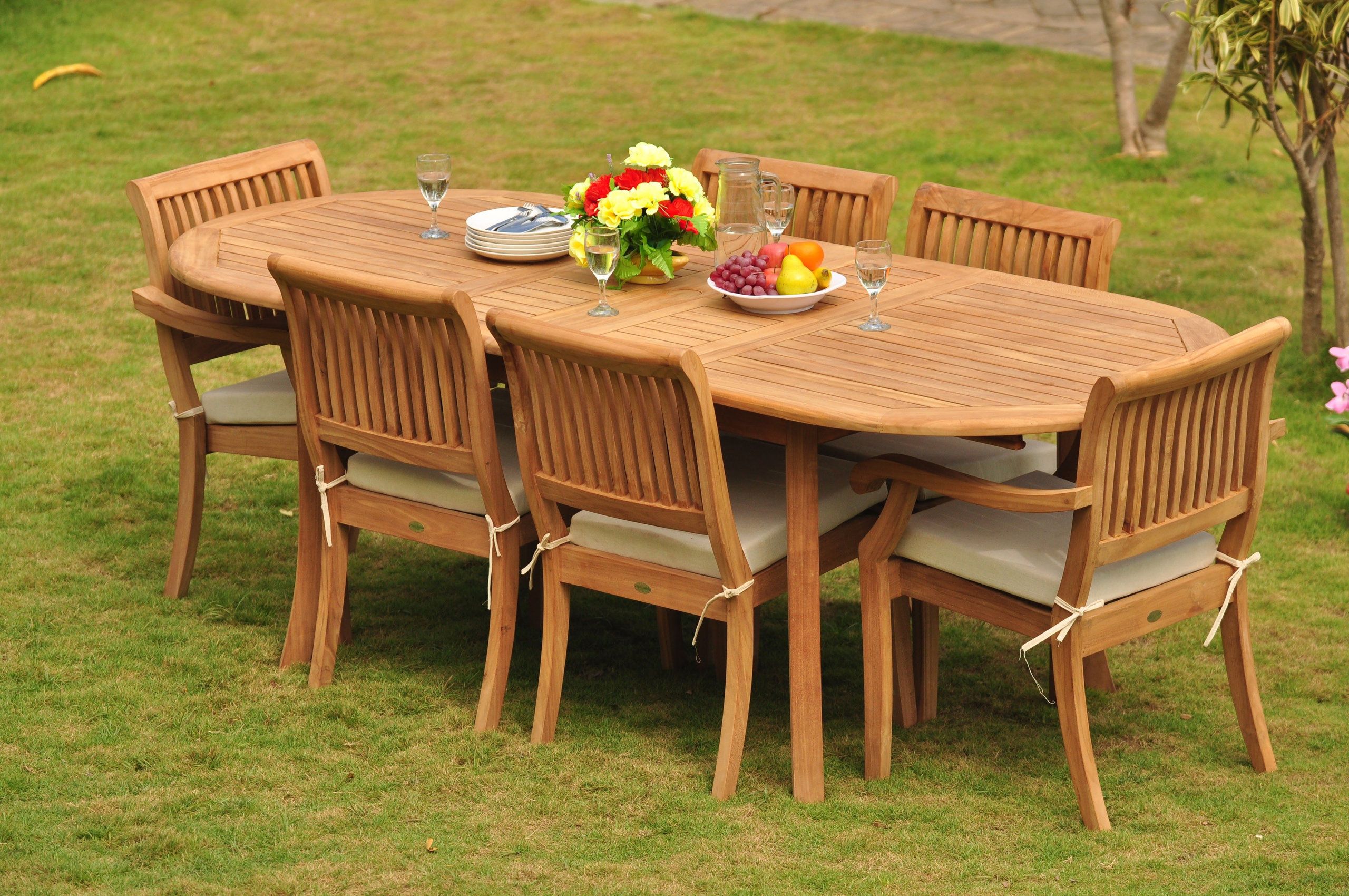 7-Piece Teak Dining Set, 94" Ext Oval, 6 Arbor Stacking Arm/Armless ... throughout 7-Piece Teak Dining Set, 94" Ext Oval Table, 6 Arbor Stacking Armless Chairs