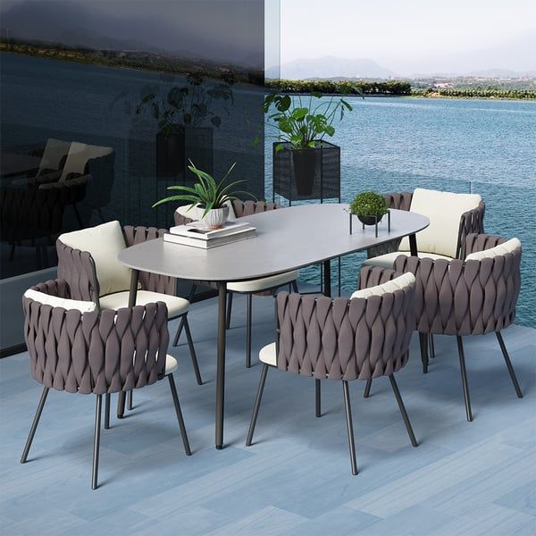 7 Pieces Outdoor Dining Set With Faux Marble Top & Aluminum Table And ... intended for 7 Pieces Outdoor Dining Set With Oval Faux Marble Top Table And Rope Armchair