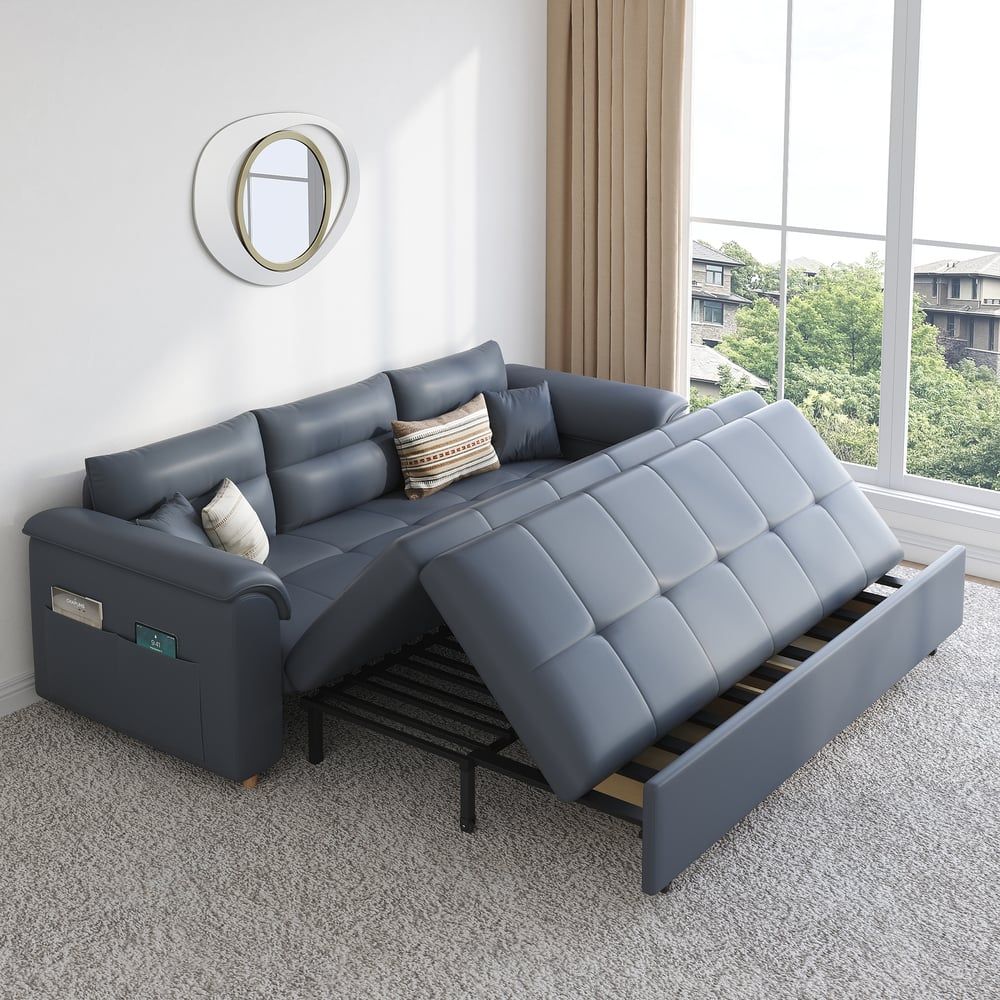 74" Leath-Aire Convertible Sofa Bed Deep Gray Full Sleeper Sofa With ... in 74" Queen 2-Seater Leath-Aire Sleeper Sofa, Light Gray