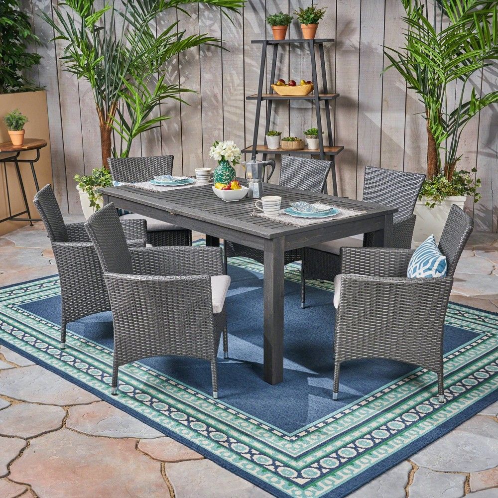 7Pc Nadia Wood Wicker Expandable Patio Dining Set Gray - Christopher ... with regard to Exploring the aesthetics of gray toned outdoor seating
