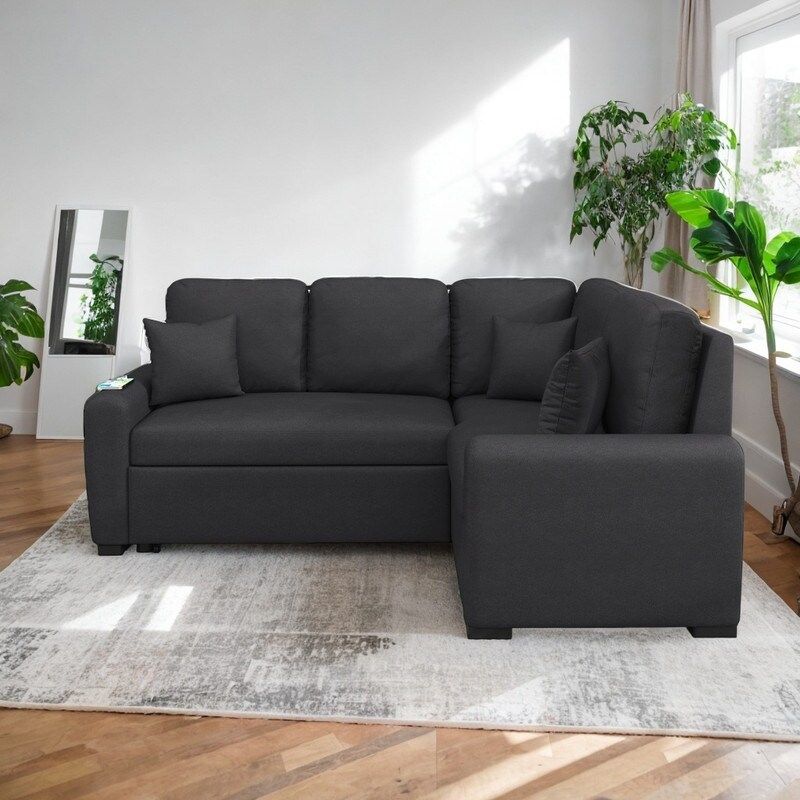 87.4'' Mid-Century Modern L-Shape Pull-Out Sectional Sleeper Sofa With ... for William Modern Gray Fabric Sleeper Sofa With 2 Usb Charging Ports And 4...
