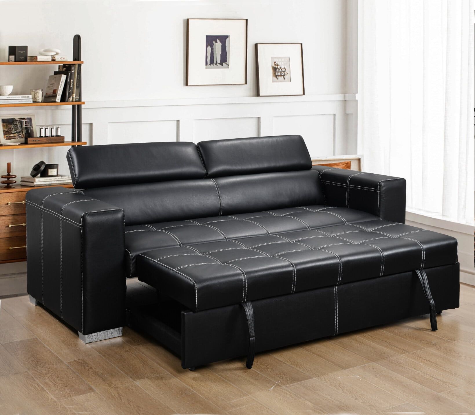 88 Inch Faux Leather Convertible Sofa Couch With Pull Out Bed, Modern ... for Beyan Signature Harlem 65" Faux Leather Convertible Sleeper Loveseat In Black