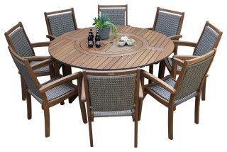9-Piece Eucalyptus Round Lazy Susan Dining Set With 8 Stacking Wicker ... in 9-Piece Eucalyptus Round Lazy Susan Dining Set With 8 Stacking Sling Armchairs