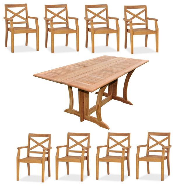 9-Piece Outdoor Teak Dining Set: 69" Folding Table, 8 Grand Stacking ... intended for Exploring the versatility of armless versus armrest chairs