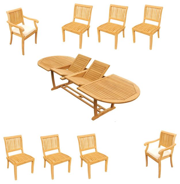 9-Piece Outdoor Teak Dining Set: 94" Masc Oval Extn Table, 8 Arbor ... intended for Exploring the versatility of armless versus armrest chairs