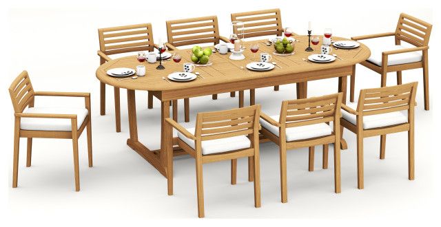 9-Piece Outdoor Teak Dining Set: 94" Masc Oval Table, 8 Montana ... inside Designing the perfect dining space with teak furniture and extendable tables