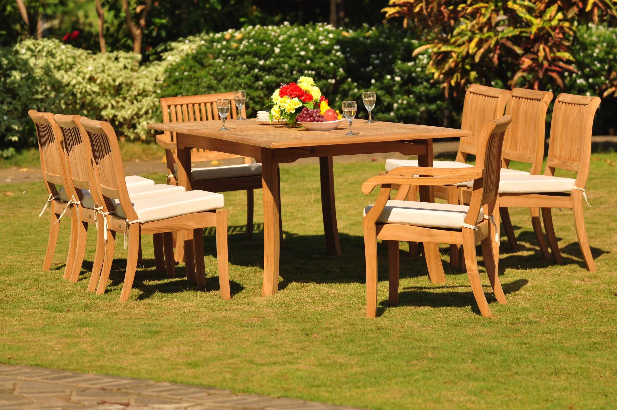 9-Piece Teak Dining Set, 94" Ext Rect, 8 Arbor Stacking Arm/Armless ... inside 9-Piece Outdoor Teak Dining Set: 69" Table + 8 Arbor Stacking Arm/Armless Chairs