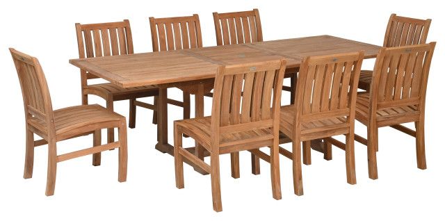 9 Piece Teak Wood Dining Set With Rect. Extension Table & 8 Abaco Side ... inside 9-Piece Teak Dining Set, 94" Extension Rect Table, 8 Montana Stacking Chairs